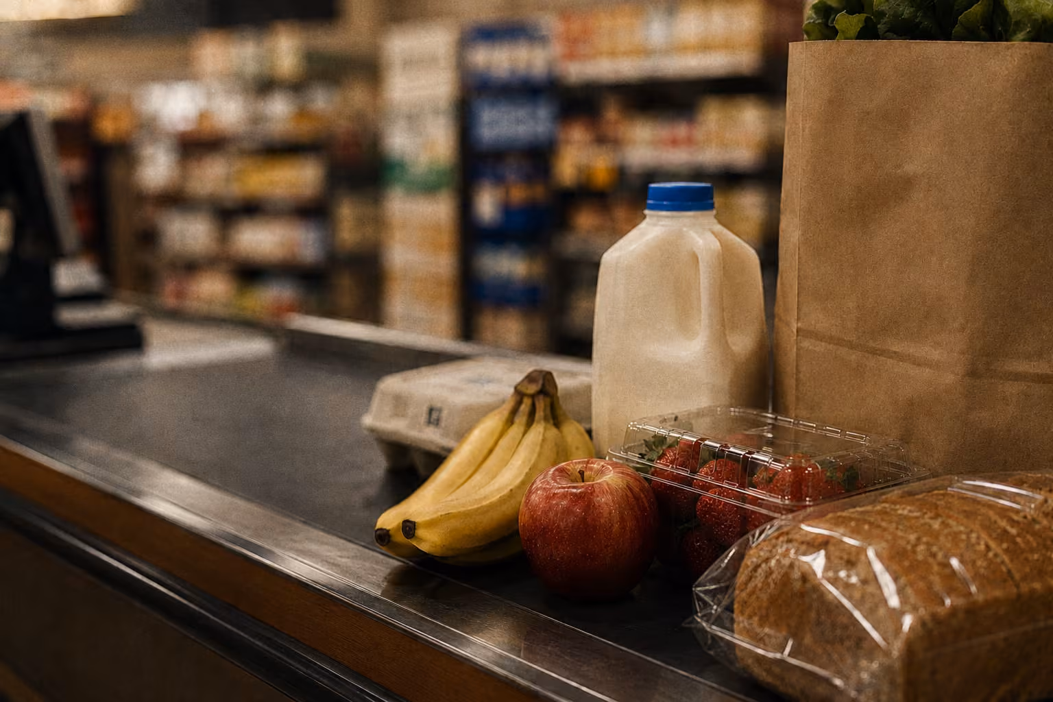 Grocery items on checkout conveyor: bananas, apple, milk, eggs, strawberries, bread, and paper bag with greens.