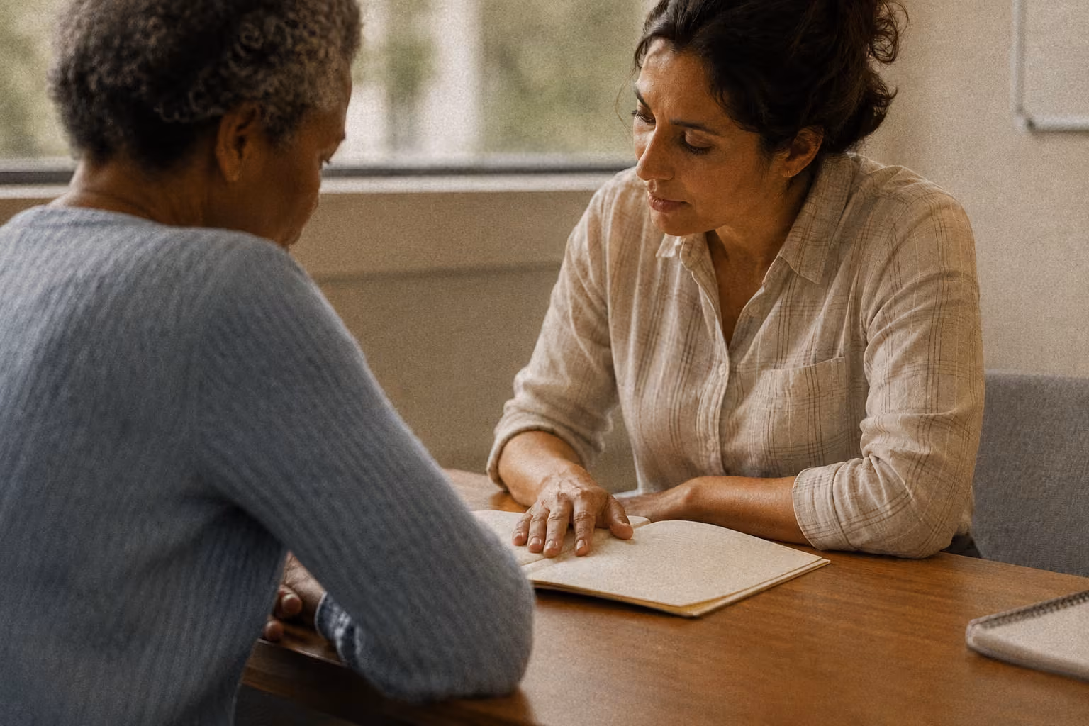 Two women sitting at a table, one reading or discussing contents of an open notebook.