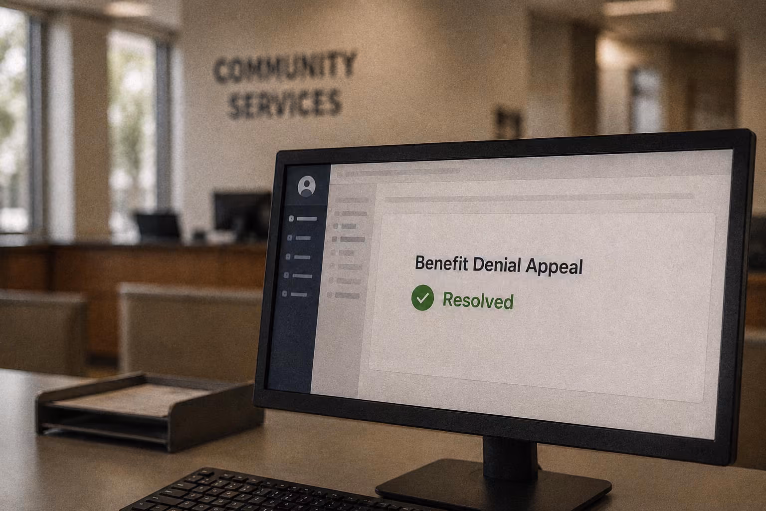 Computer screen in a community services office shows 'Benefit Denial Appeal Resolved' message.