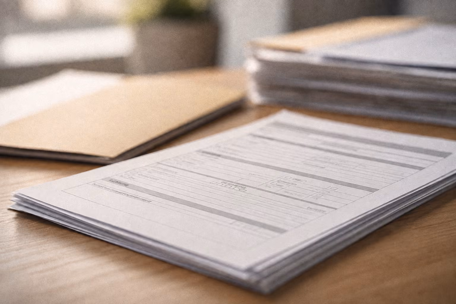 Stacks of printed forms and folders on a wooden desk surface in an office setting.