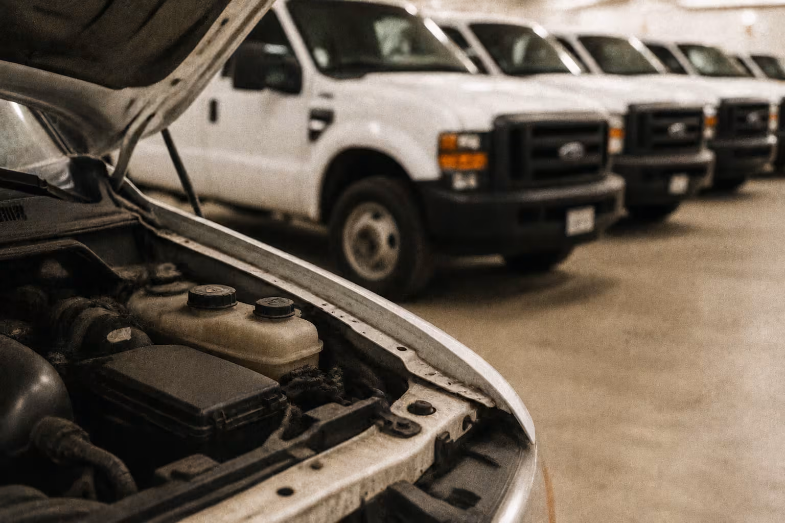 Open hood of a vehicle with rows of white trucks parked in the background inside a garage.