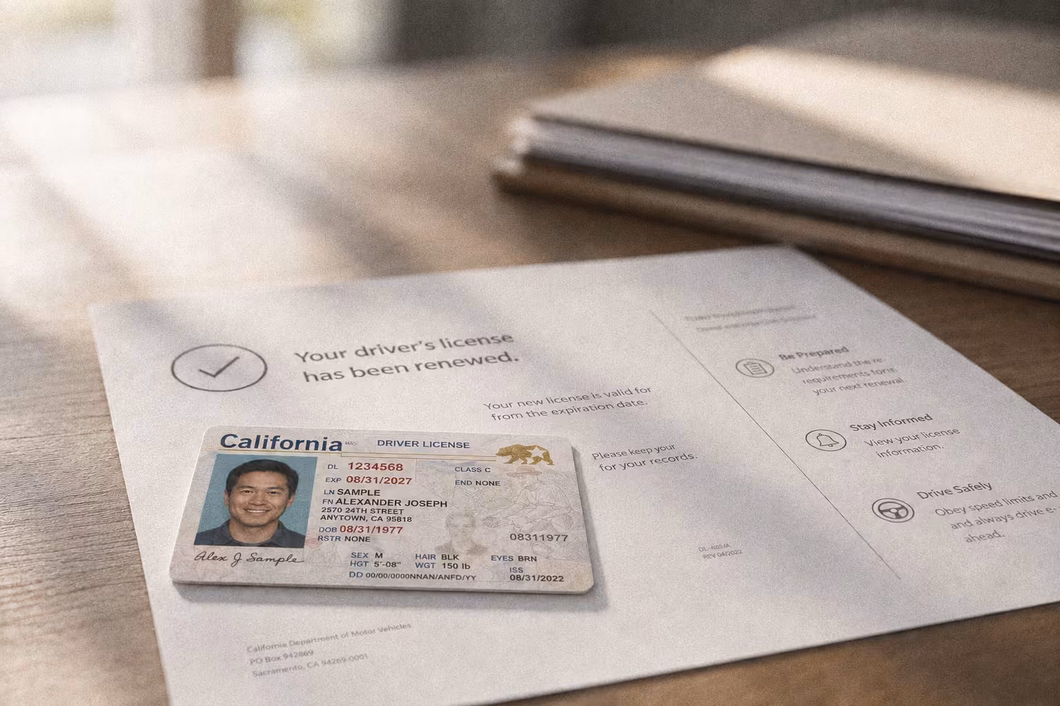 California driver license on paper stating the driver's license has been renewed.
