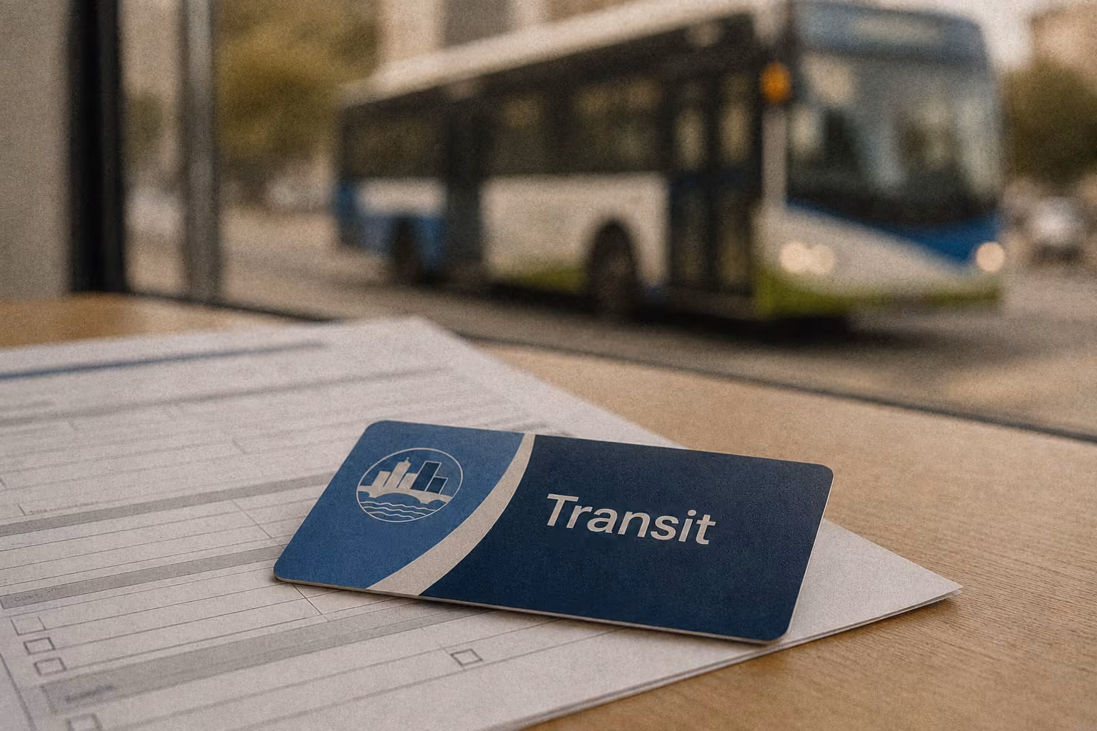Blue transit card on a table with a bus blurred in the background outside a window.