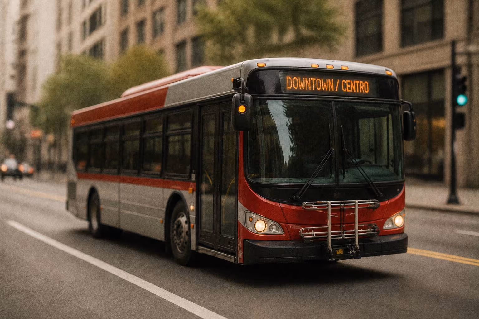 Red and gray city bus on street with sign reading Downtown / Centro.