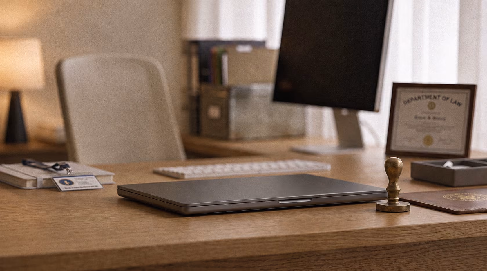 Office desk with closed laptop, stamp, badge, keyboard, computer monitor, and framed law certificate.
