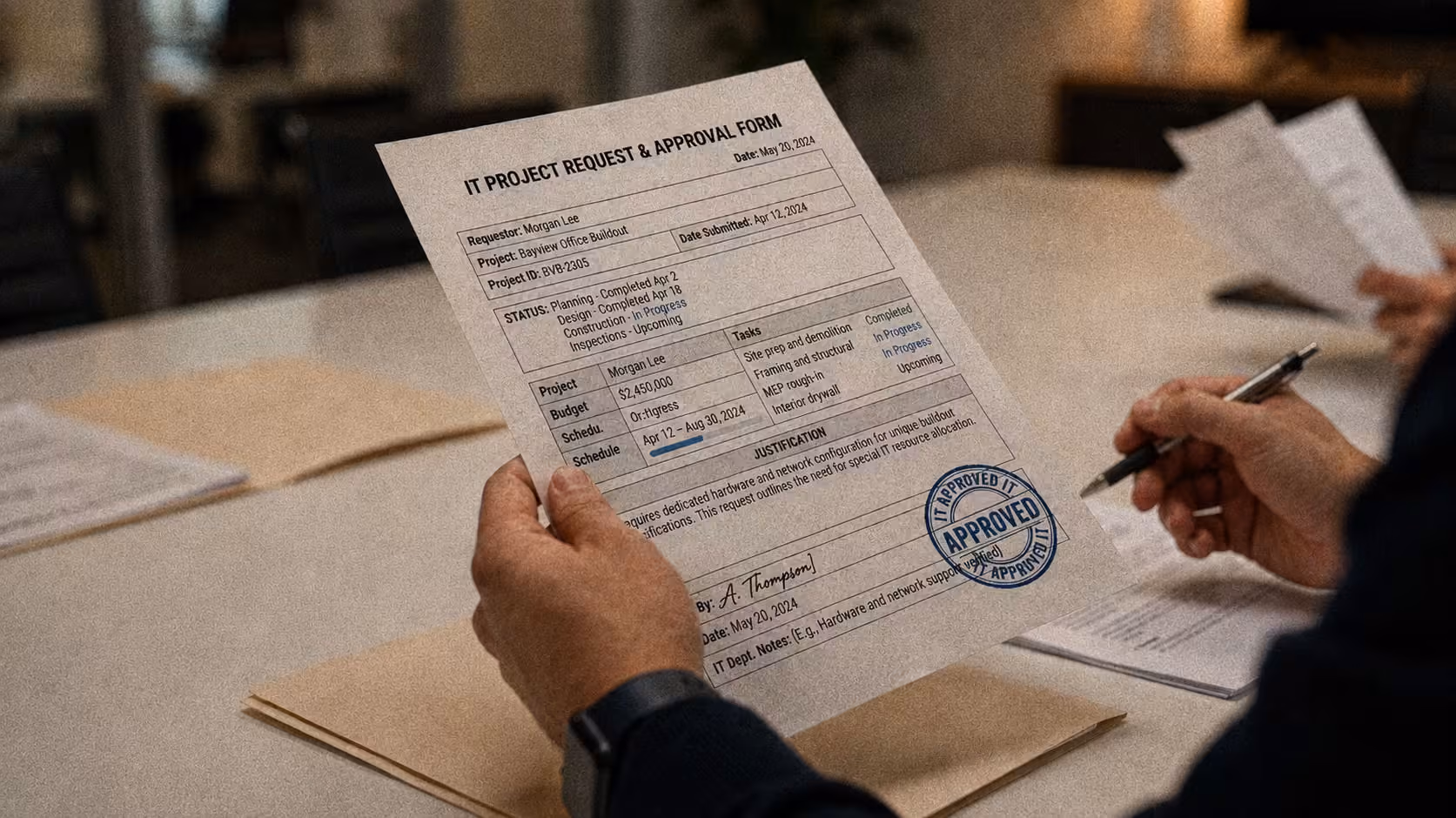Person holding an IT project approval form with a blue 'Approved' stamp in a meeting room.