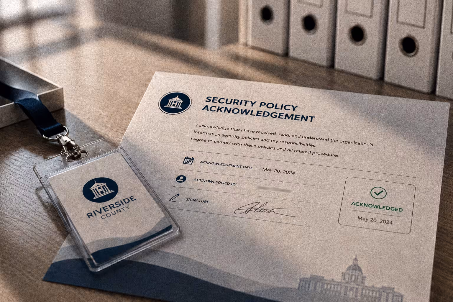 Security Policy Acknowledgement form with signature and Riverside County badge on desk under light.