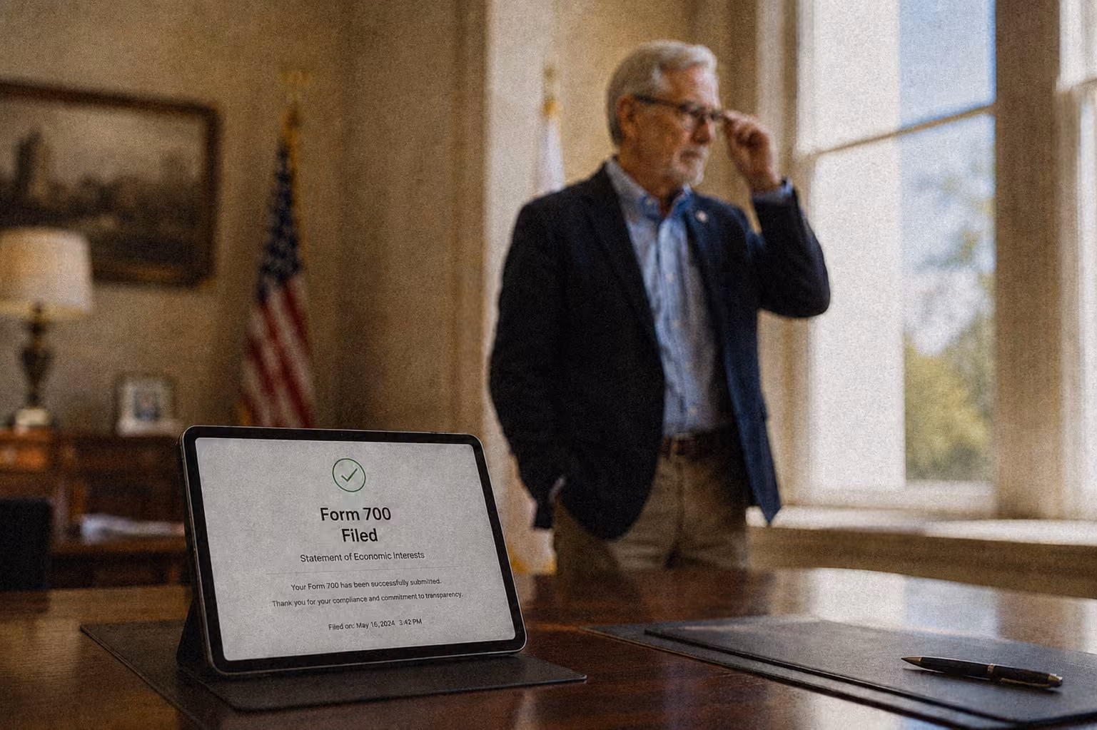 Tablet on desk shows Form 700 filed confirmation; a man with glasses stands in the background.