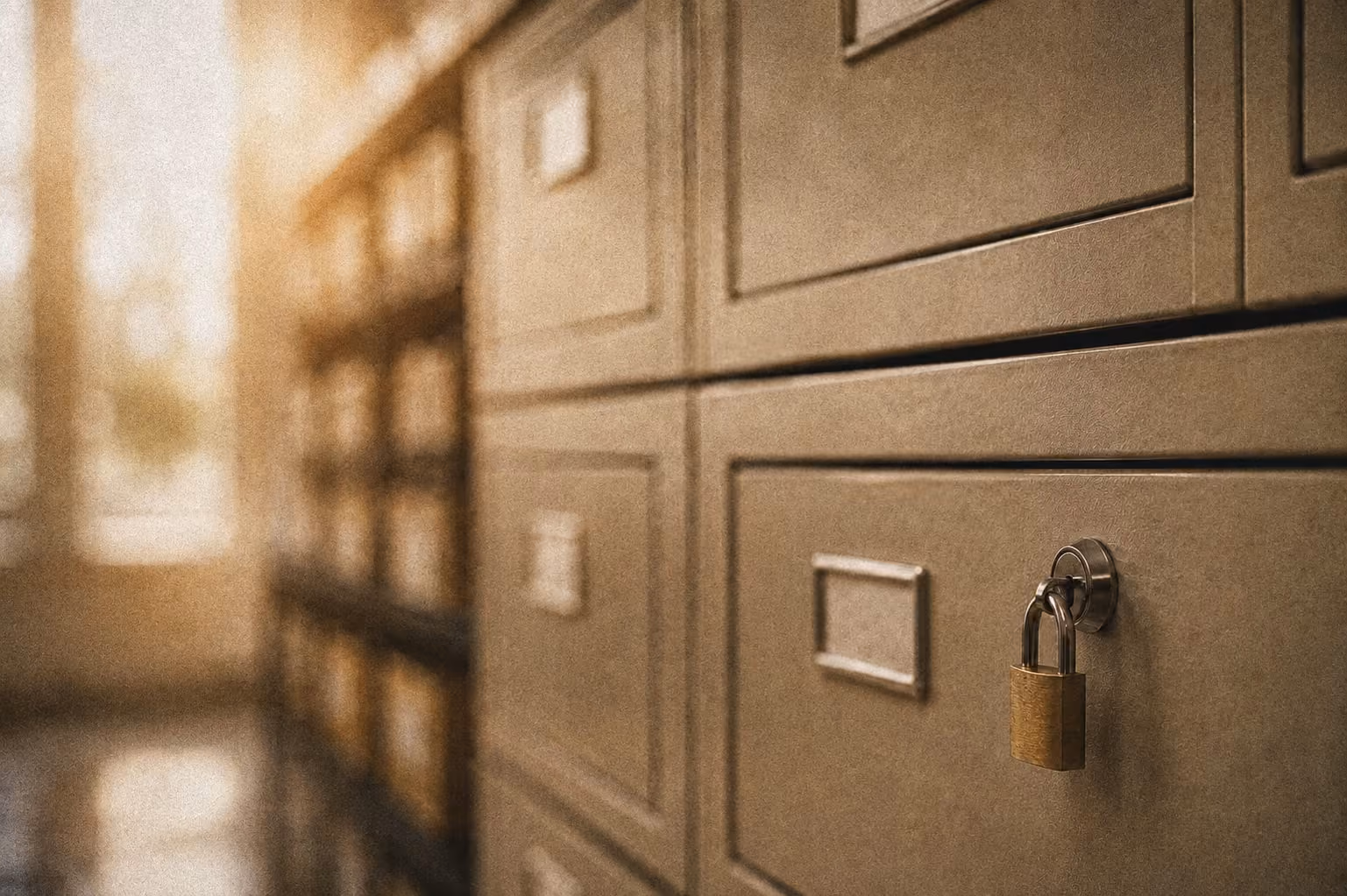 Close-up of a locked file cabinet drawer in an office with blurred shelves in background.