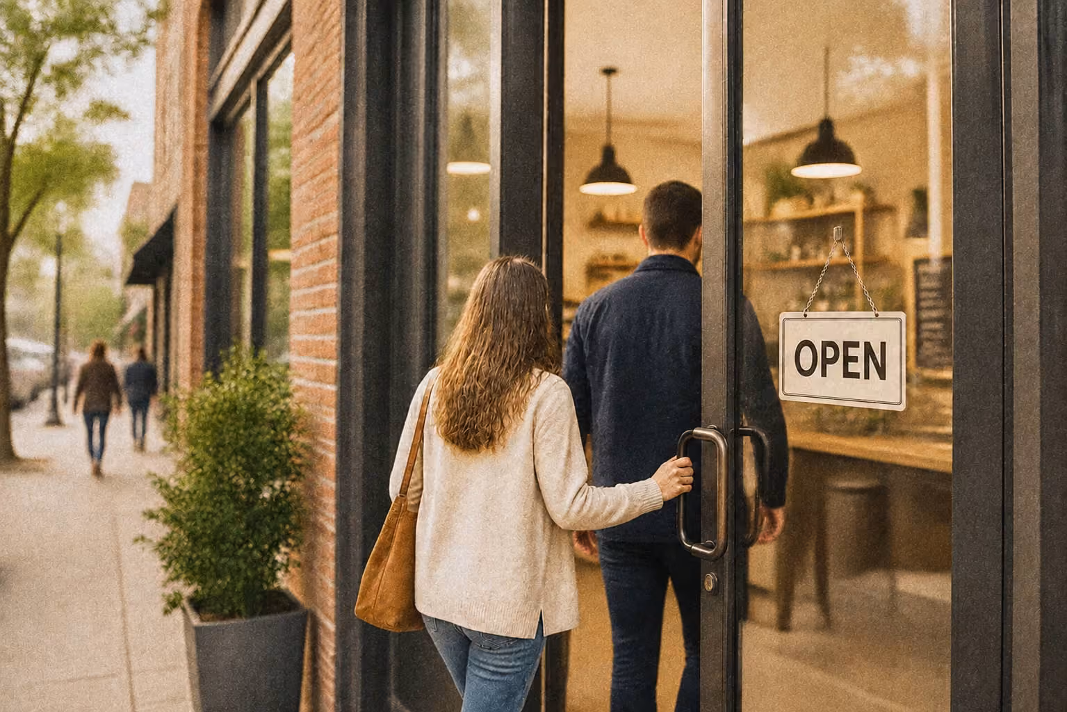 Woman holding open glass door with an open sign as man walks inside a cozy cafe.