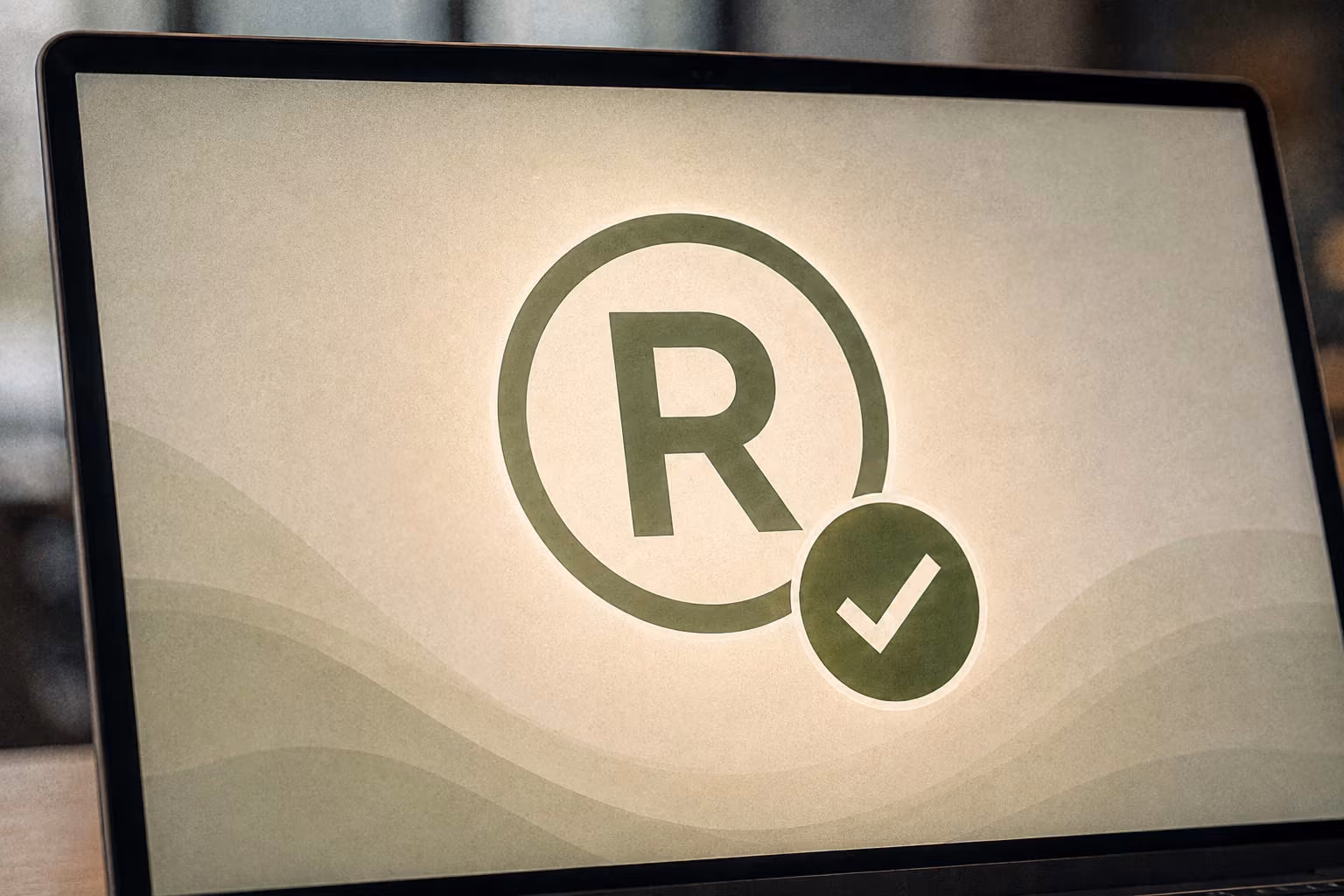 Laptop screen showing a registered trademark symbol with a checkmark confirming registration.
