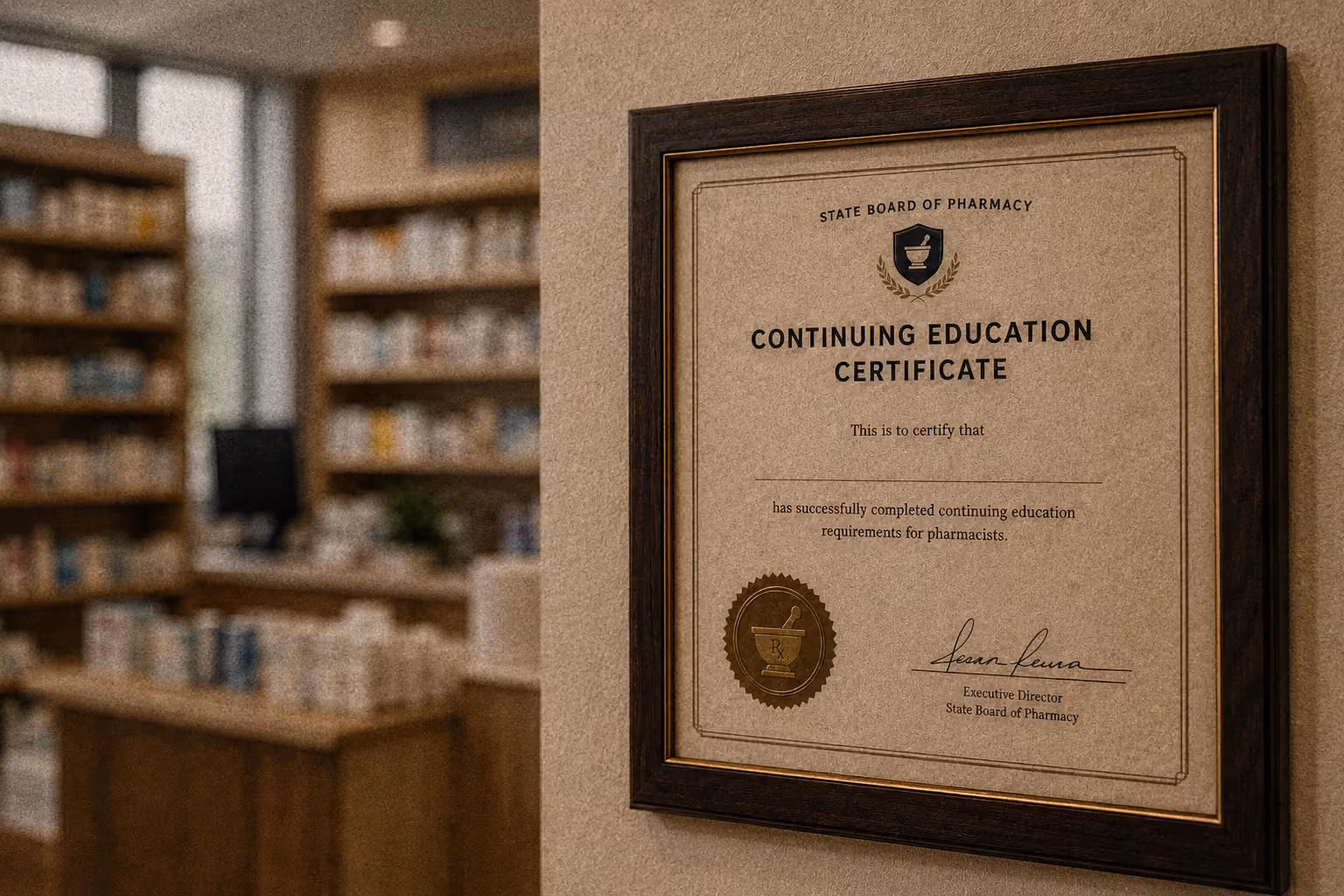 Framed professional certificate for continuing education from the State Board of Pharmacy on wall.