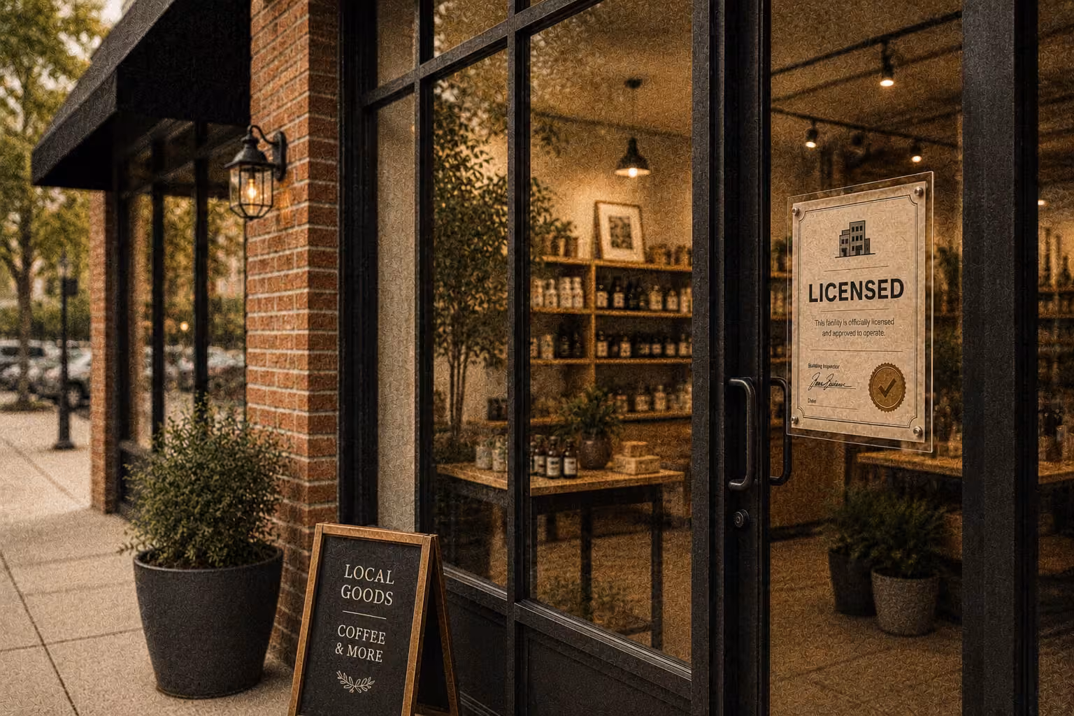 Storefront with glass doors showing shelves inside and a licensed facility sign on the door