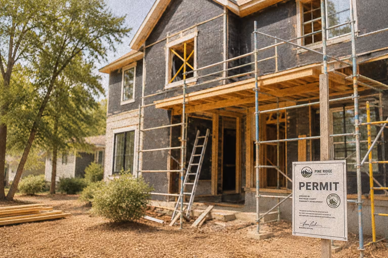 Two-story house under construction with scaffolding, ladder, and a permit sign in front.