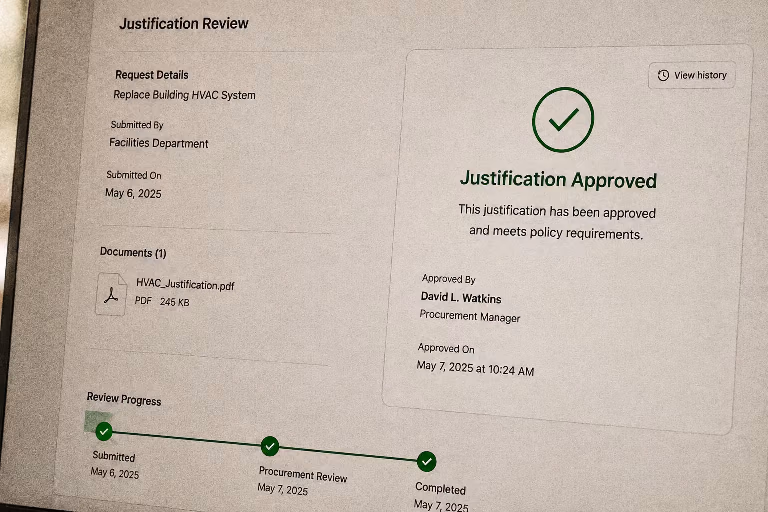 Justification review for replacing building HVAC system approved by procurement manager on May 7, 2025.