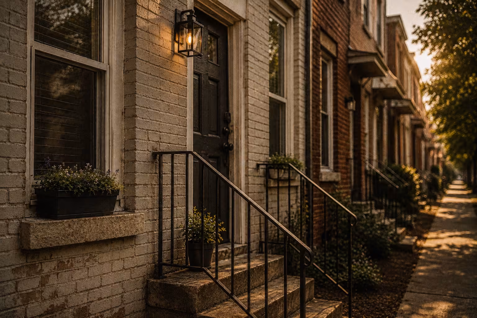 Row of brick townhouses with stairs, black doors, lit porch lights, and sidewalk shaded by trees.