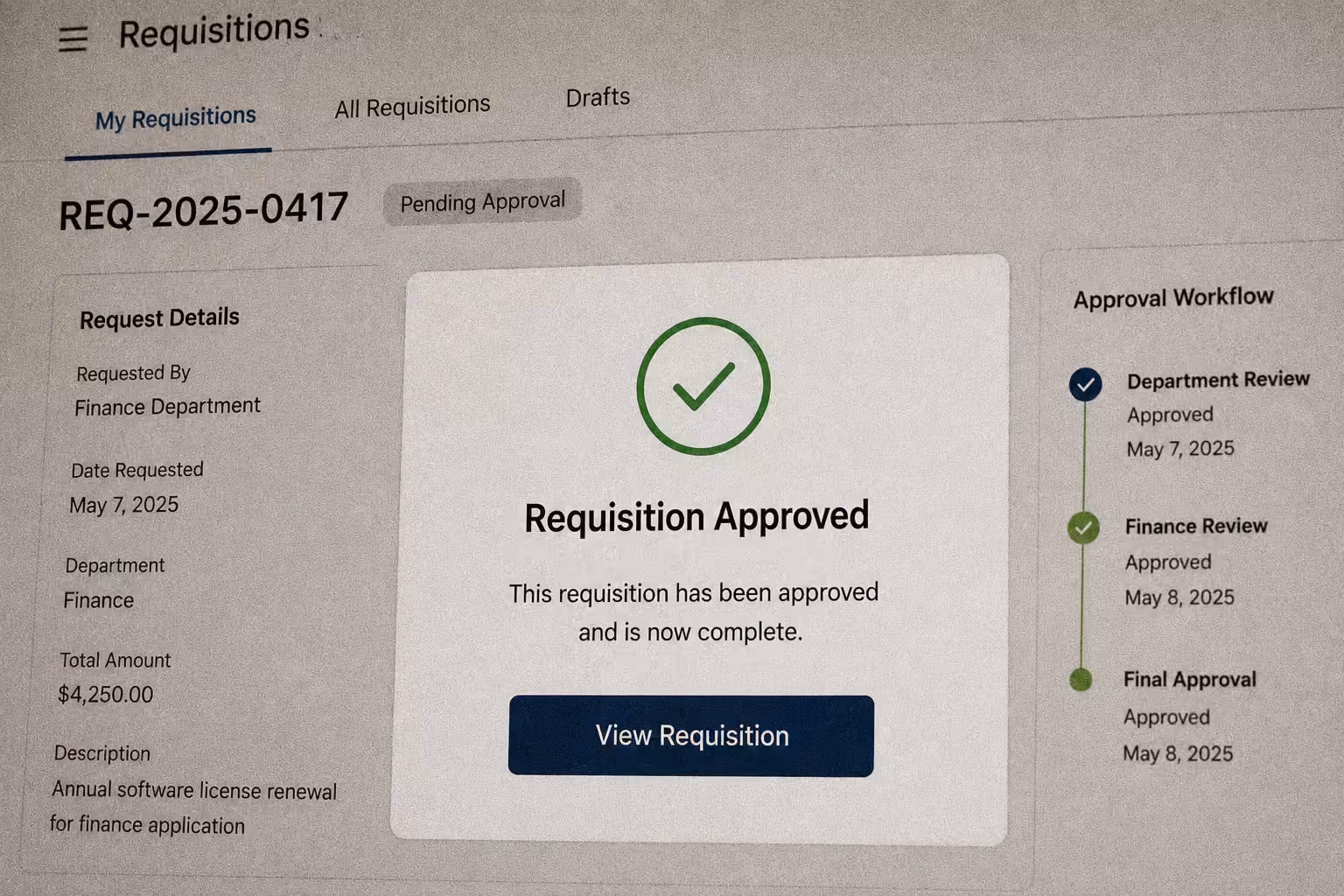 Requisition REQ-2025-0417 for finance software renewal approved with workflow showing all approvals and completion.