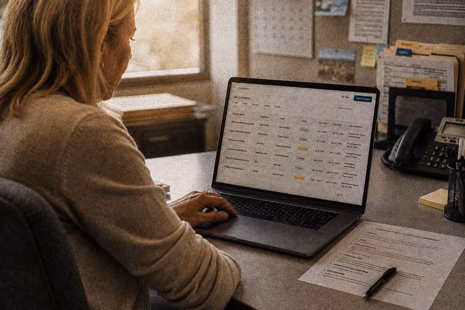 Person working on a laptop displaying a contract management system at a desk with documents and phone.