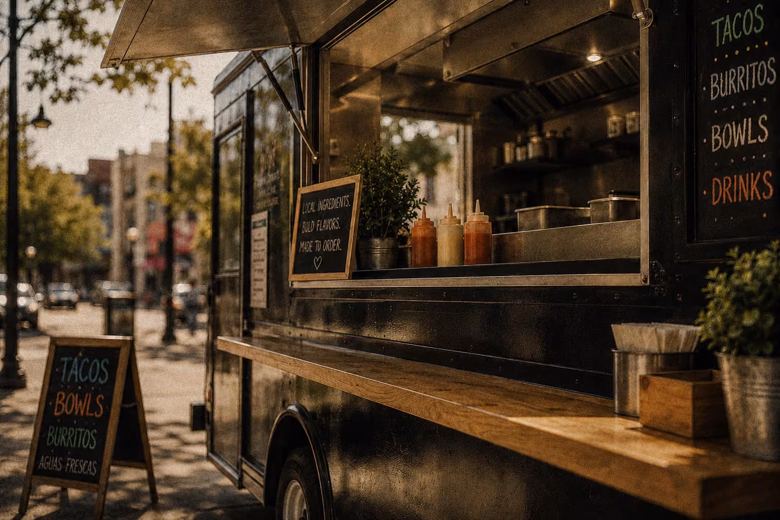 Black food truck with a wooden counter and condiment bottles on a city street.