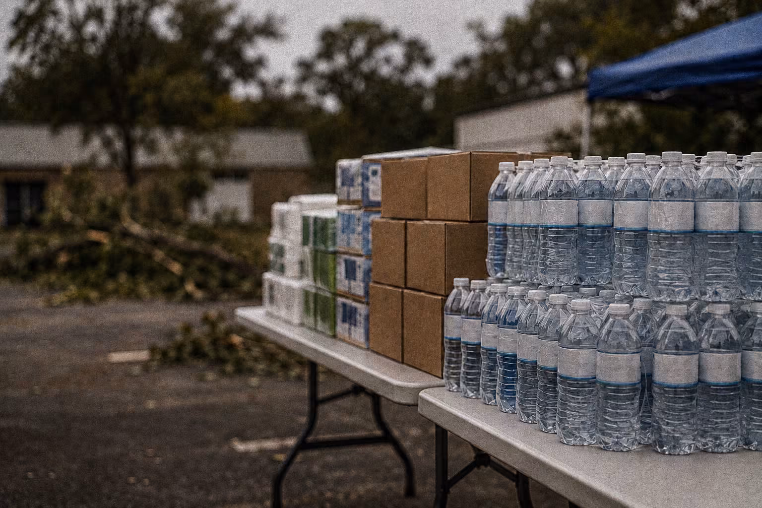 Tables outdoors stacked with cases of bottled water and cardboard boxes ready for distribution.