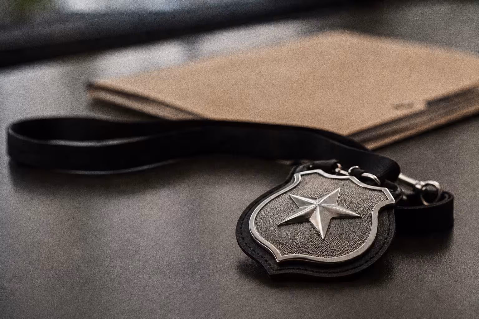 Silver star badge with black leather lanyard resting on a dark surface near a stack of brown folders.