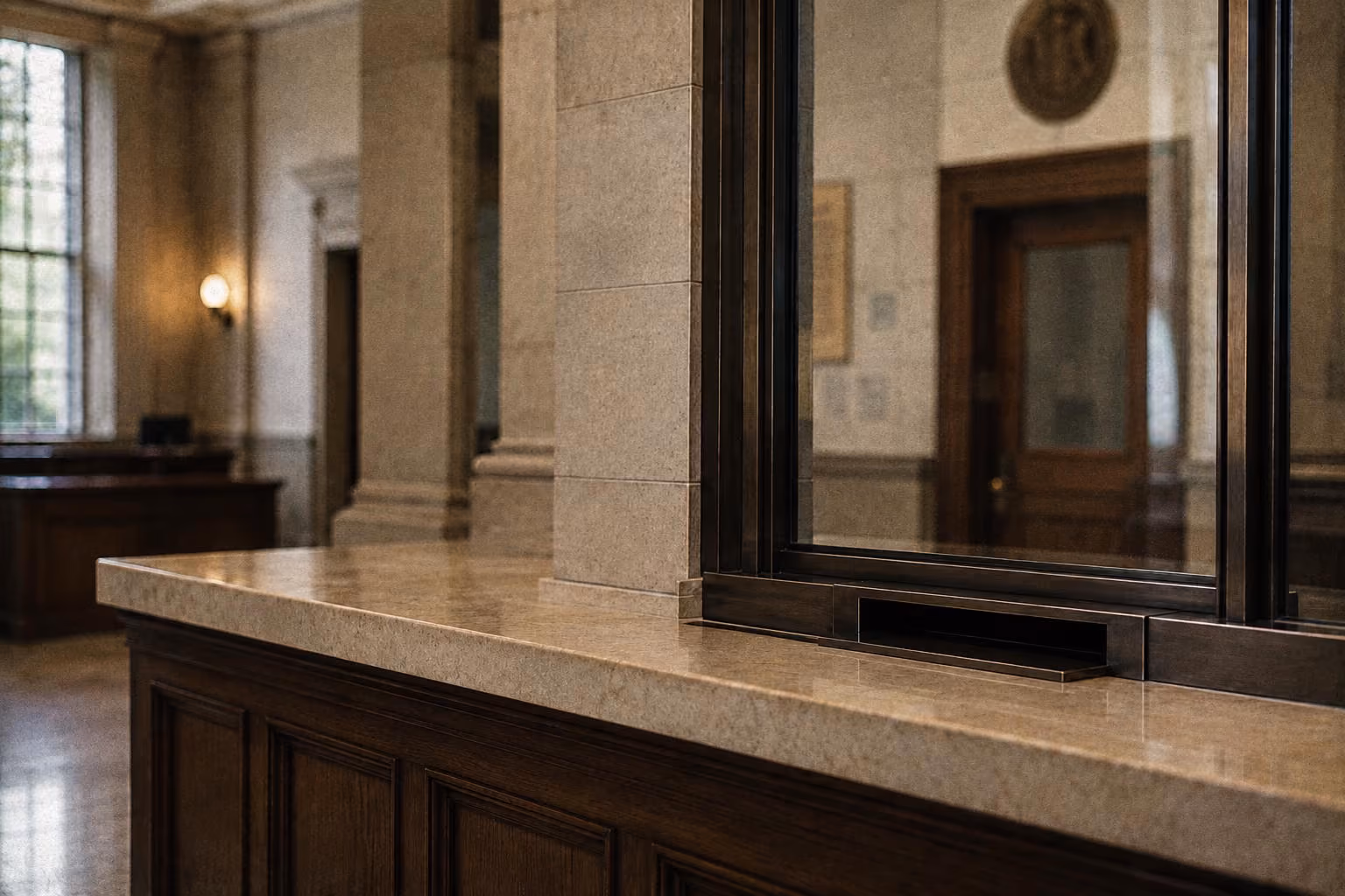 Empty courtroom service window with marble counter and dark wood paneling.