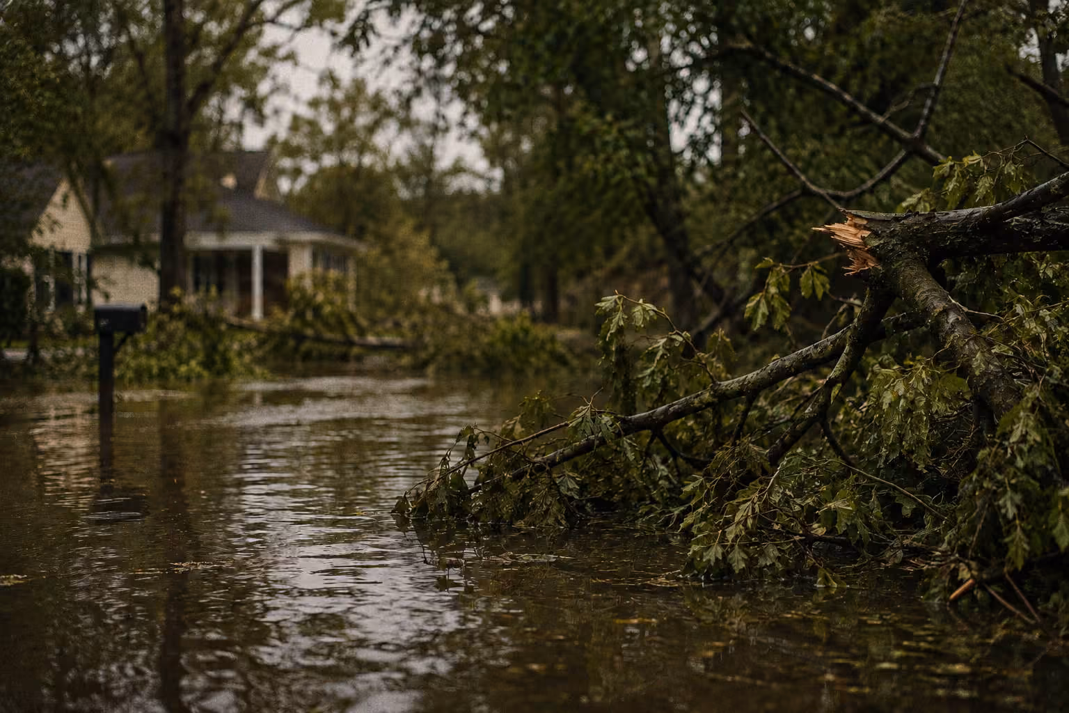 Flooded street with fallen tree branch and submerged mailbox in a residential neighborhood.