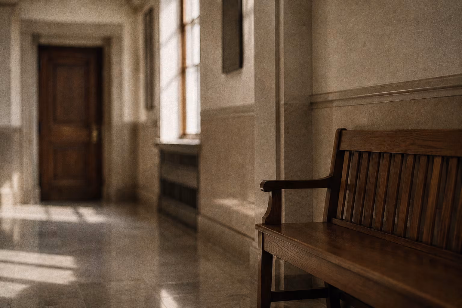 Empty wooden bench along hallway wall with sunlight casting shadows near a closed wooden door.