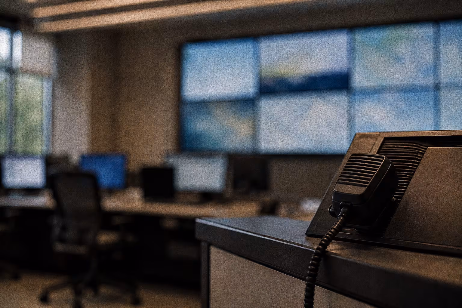 Close-up of a communication microphone in a control room with multiple screens and computers in the background.
