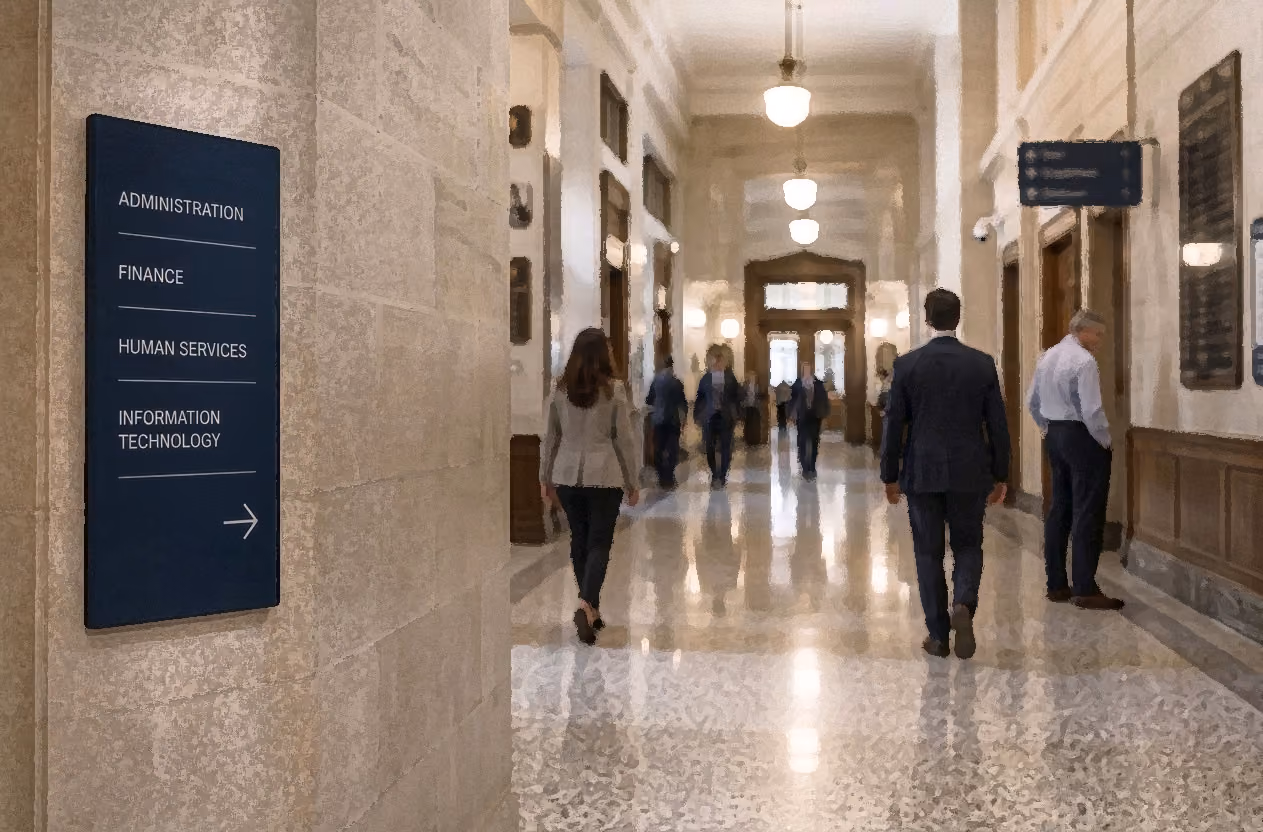 People walking in a polished hallway with a wall sign listing administration, finance, human services, IT.