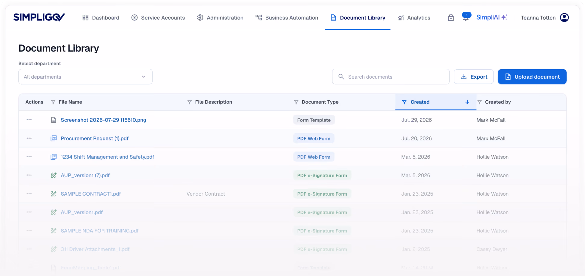 Screenshot of the dashboard
