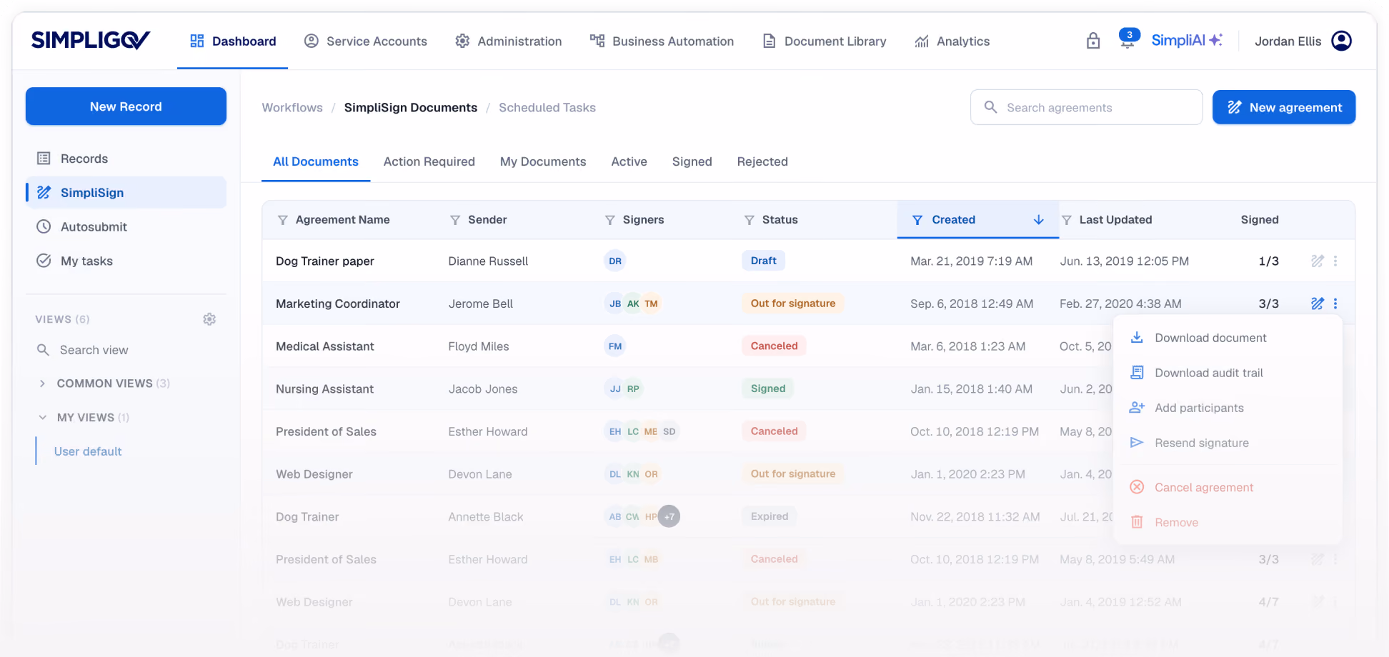 Screenshot of the dashboard
