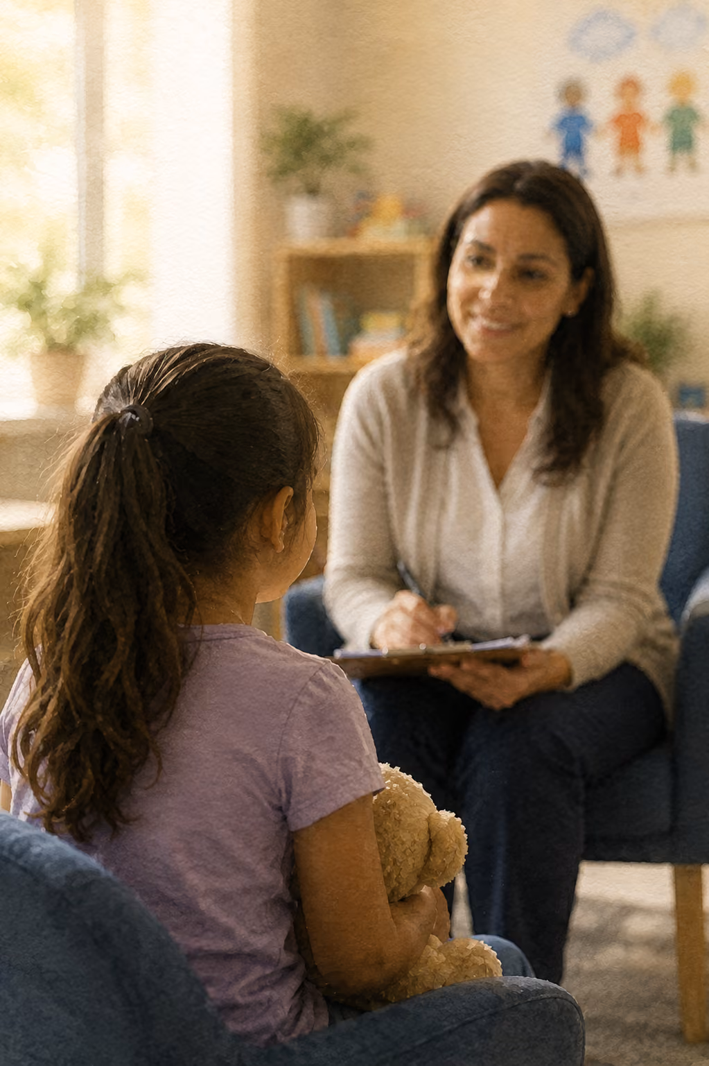 Child holding a teddy bear talks with a smiling woman who is taking notes in a cozy room.