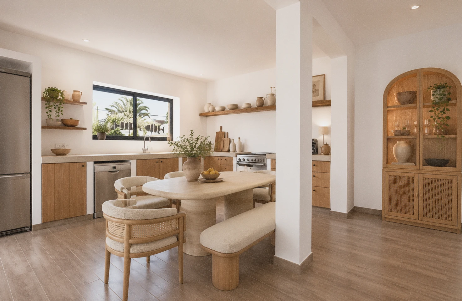 Bright modern kitchen with wooden cabinetry and light furniture including round dining table, cushioned chairs, and a bench; open shelves and a cabinet display pottery and plants; large window shows greenery outside.