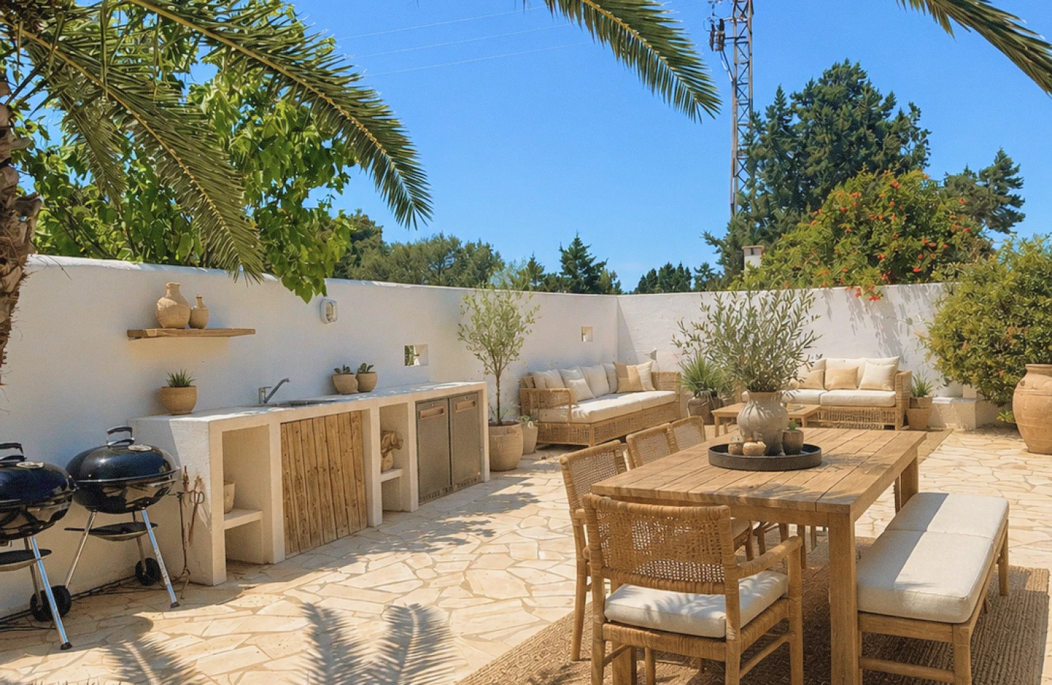 Sunny outdoor patio with a wooden dining table surrounded by wicker chairs and a bench, a built-in kitchenette with a sink, two black grills, and cushioned wicker sofas against a white wall with plants and palm trees around.