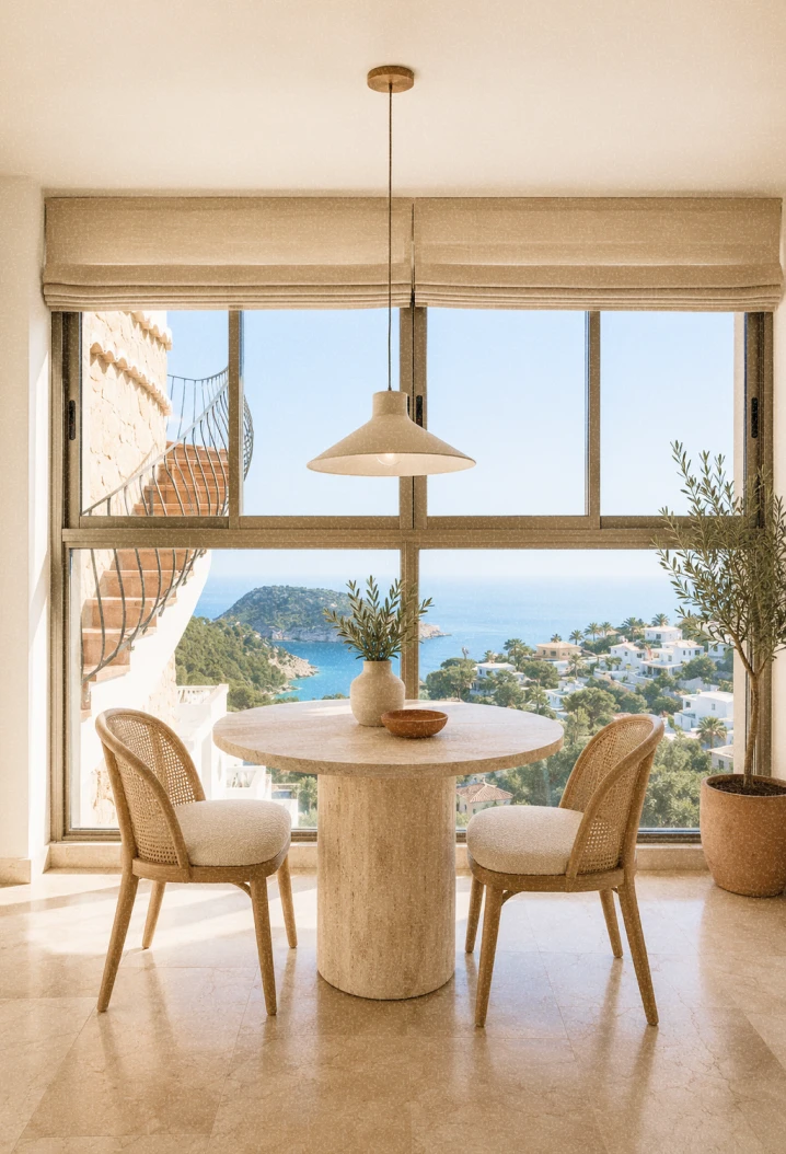 Bright dining area with a round stone table, two cushioned wooden chairs, a vase with greenery, a bowl, and a large window overlooking a coastal landscape with houses, trees, and blue sea under clear sky.