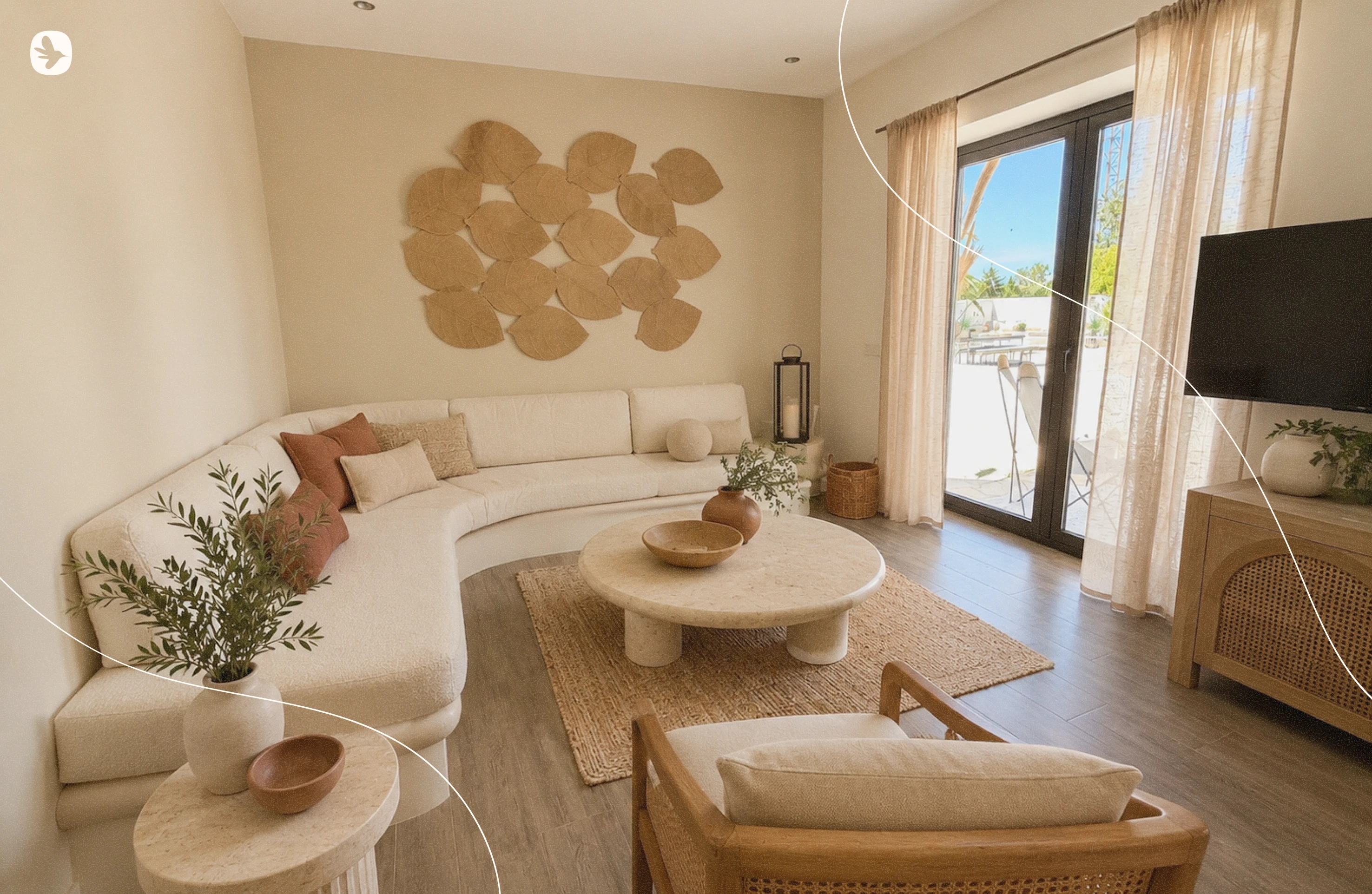 Modern living room with a curved white sectional sofa adorned with beige and rust-colored pillows, two beige marble tables with decorative bowls and vases containing green plants, natural fiber rug on wood floor, large glass door with sheer curtains allowing natural light, wooden armchair with beige cushions, beige wall decorated with a clustered arrangement of leaf-shaped wall art, and a flat-screen TV on a wooden stand.