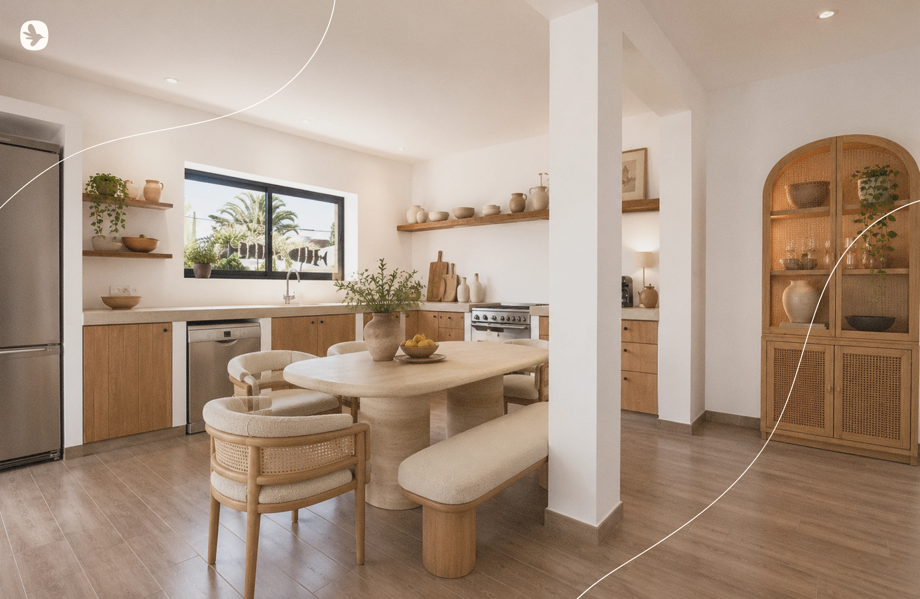 Bright kitchen with wooden cabinets, a stainless steel refrigerator and dishwasher, a stove, and open shelves with pottery. In the center, an oval wooden dining table with a beige cushioned bench and four matching chairs, a vase with greenery, and a bowl of lemons. A large window reveals greenery outside. A wooden cabinet with glass doors and plants is on the right. The room has beige walls and light hardwood floors.