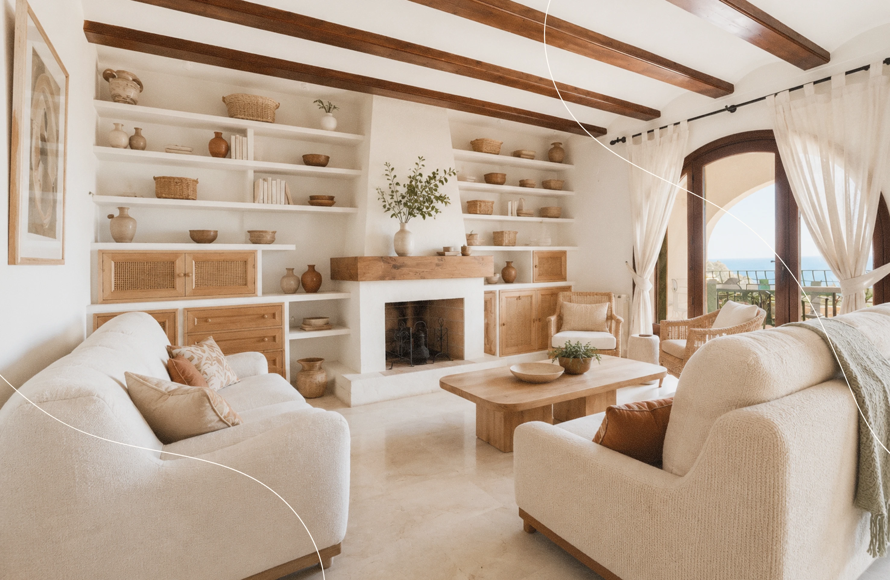 Bright living room with white textured sofas, beige cushions, wooden coffee table, built-in white shelves with pottery and baskets, a fireplace with a wooden mantel, and large arched glass doors opening to a sea view.