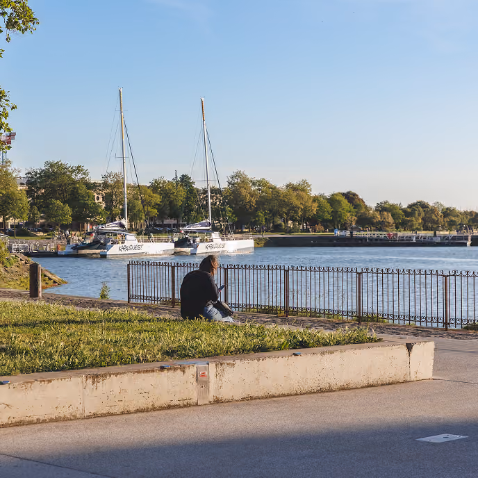 Person sitting on grassy riverbank near iron fence with sailboats and trees across the water.