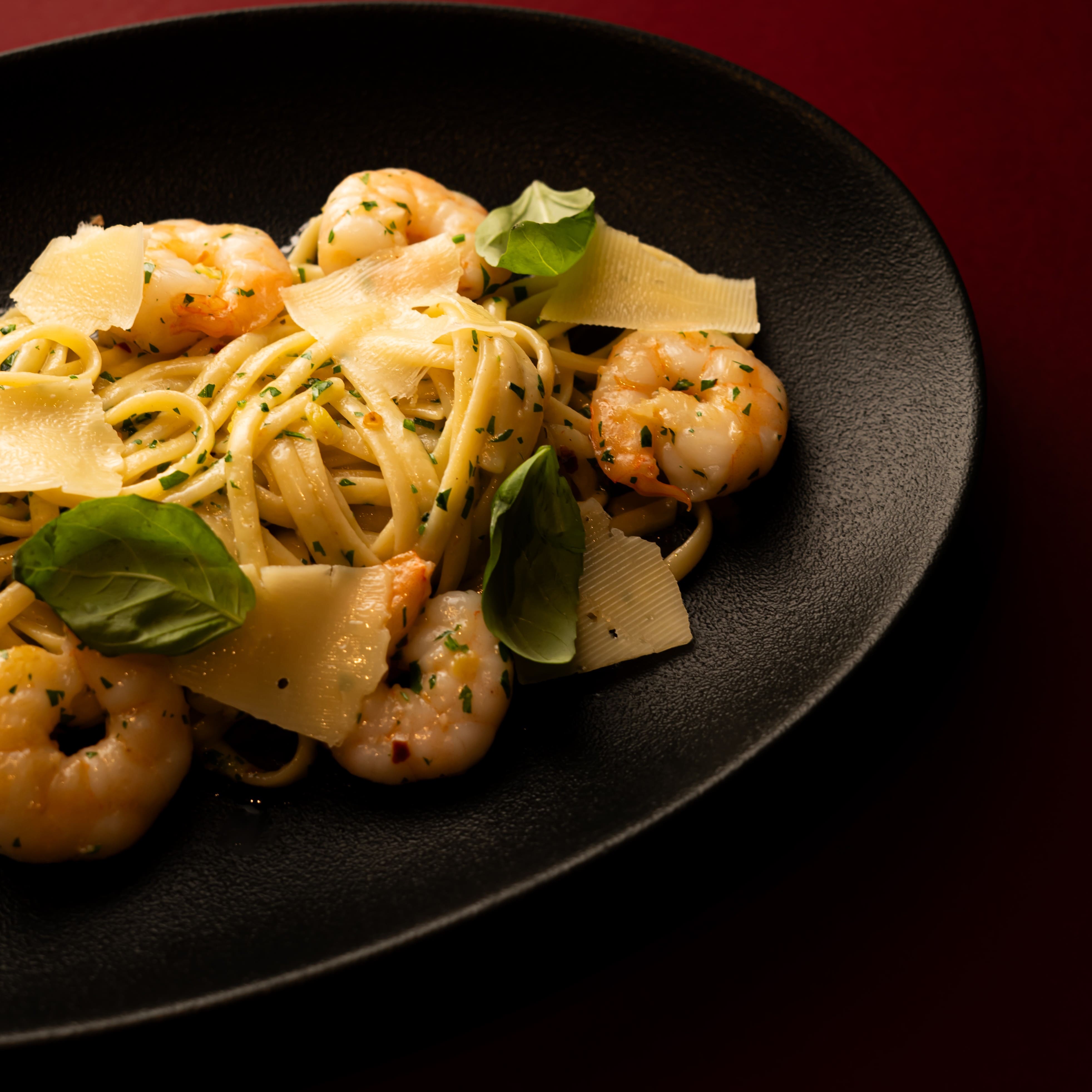 Spaghetti aglio e olio with shrimp, garlic and parmesan at ANTARES Lounge