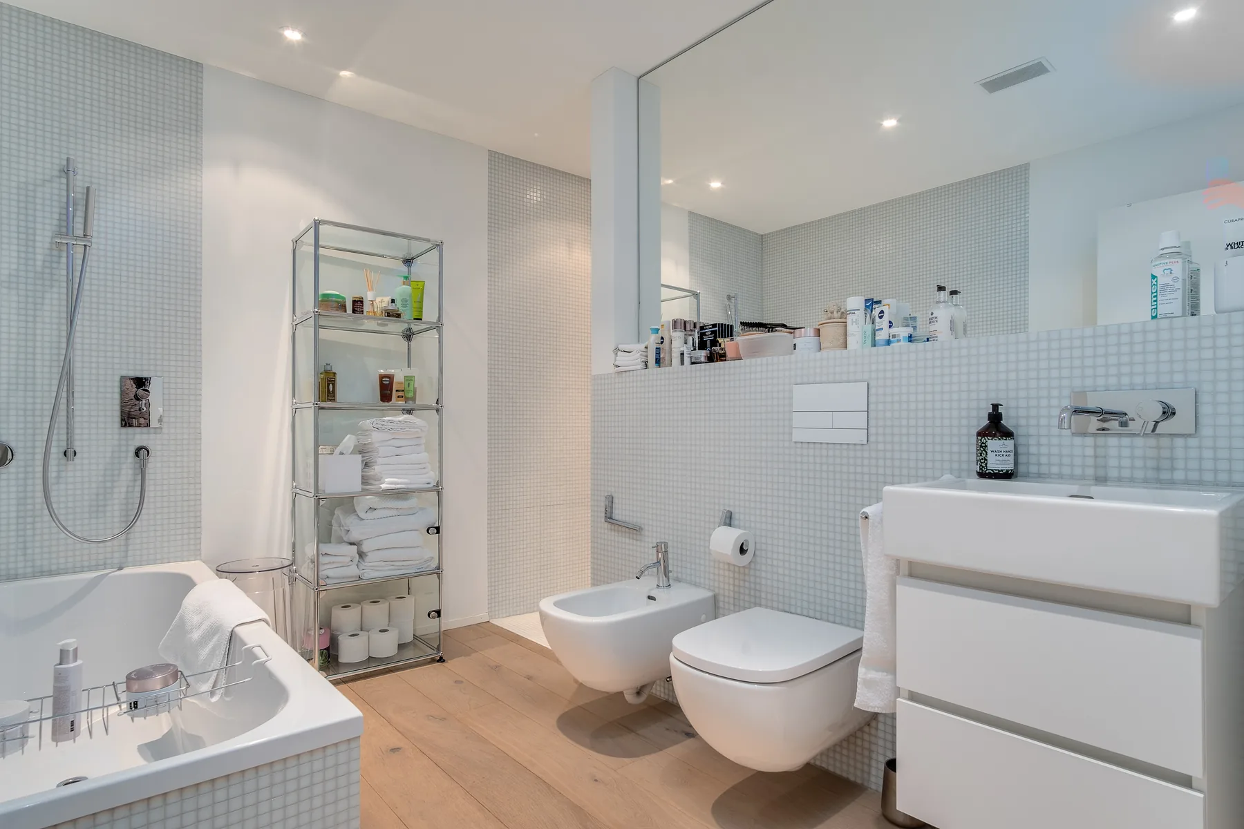 Badezimmer mit Badewanne, Dusche, Waschtisch, WC und Bidet in der Gartenwohnung an der Witikonerstrasse 486