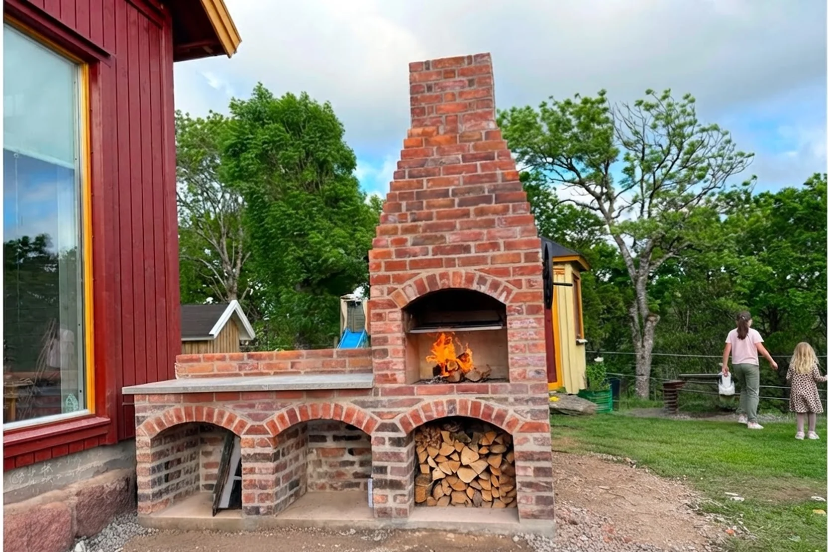 Den färdiga murade utegrillen i återbrukstegel med brasa i eldstaden, arbetsbänk och vedförvaring