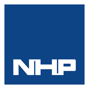 Logo with white letters NHP on a solid blue square background.