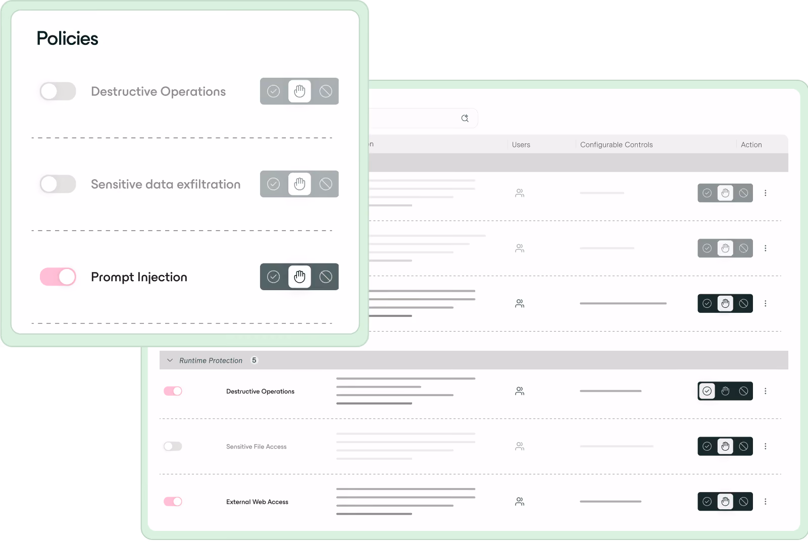 Software interface showing policy settings for Destructive Operations, Sensitive data, and Prompt Injection with toggles.