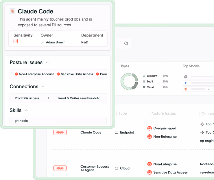 Dashboard showing Claude Code agent with high sensitivity, posture issues, prod DB access, and git-hooks skill.