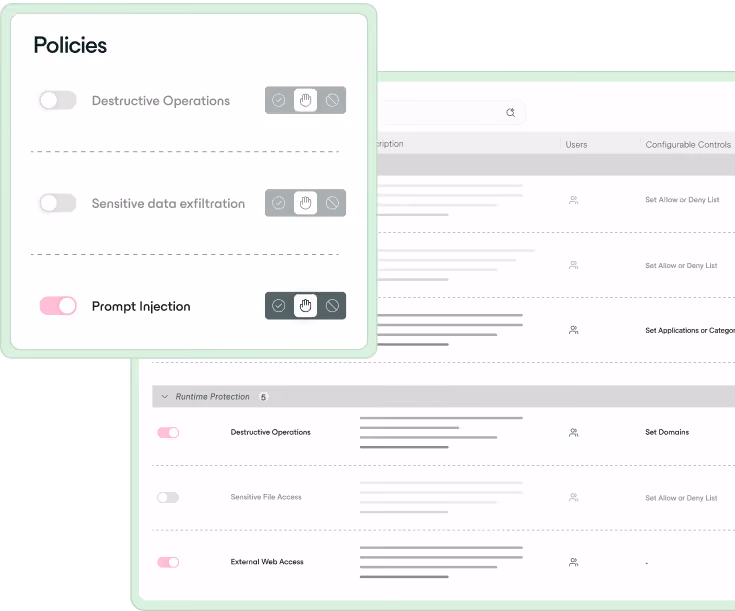 User interface showing policy toggles for destructive operations, data exfiltration, and prompt injection.