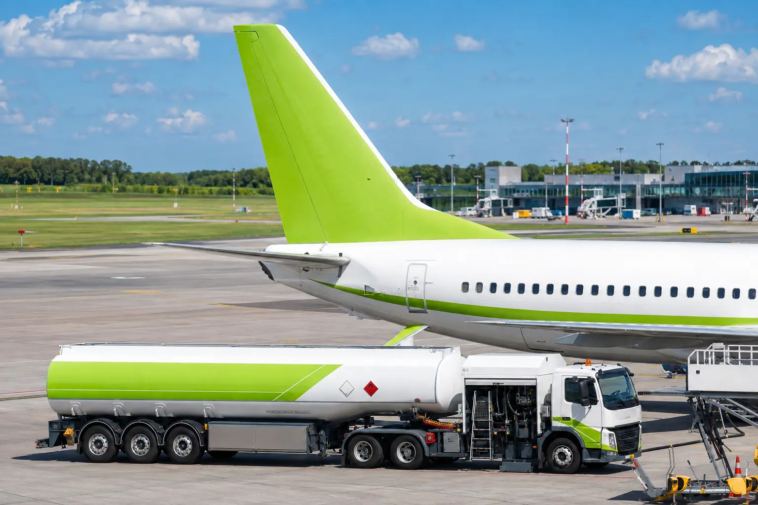 Aircraft being serviced by an aviation fuel tanker at an airport
