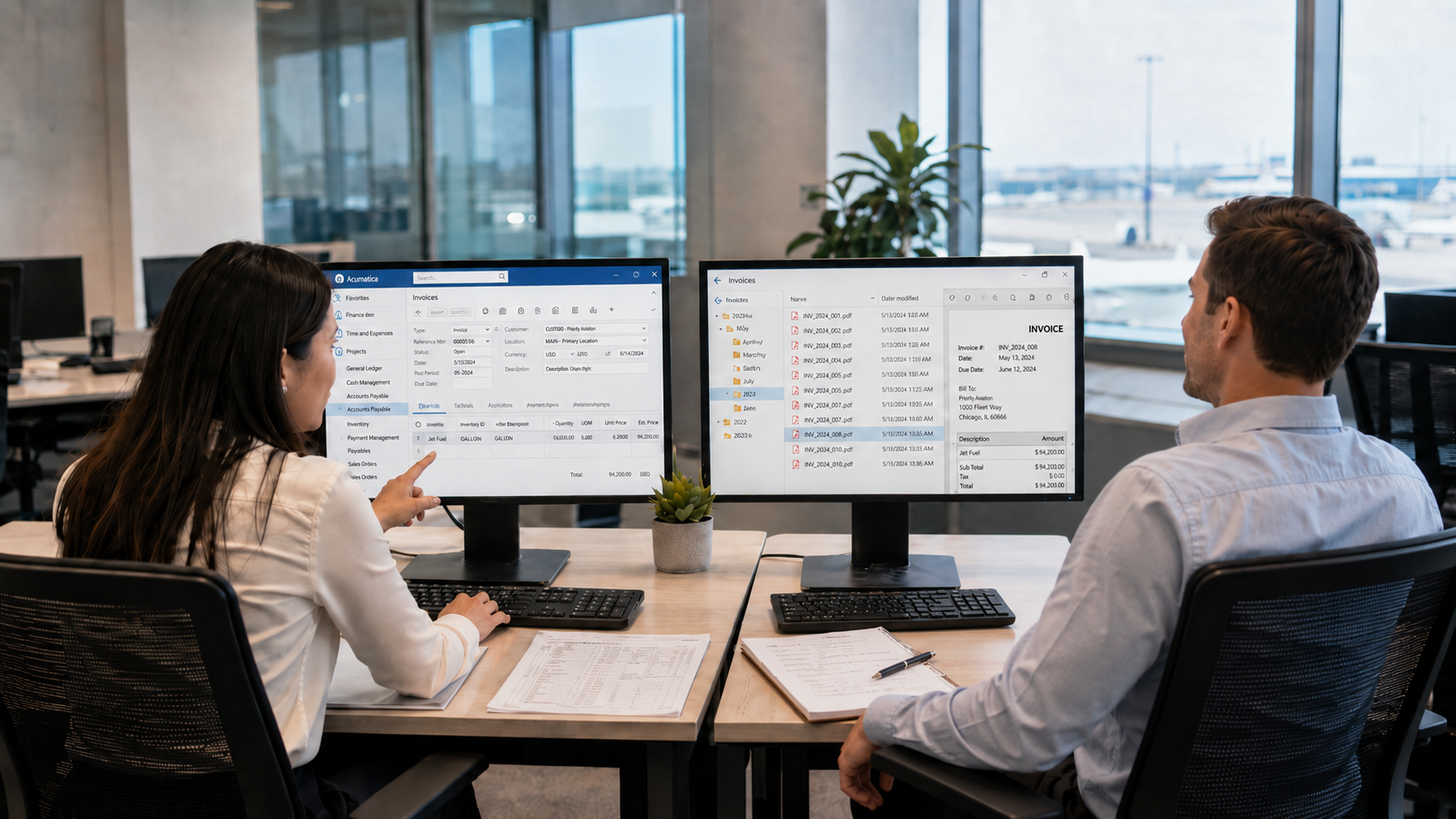 Two colleagues validating aviation fuel invoices against uplift records.