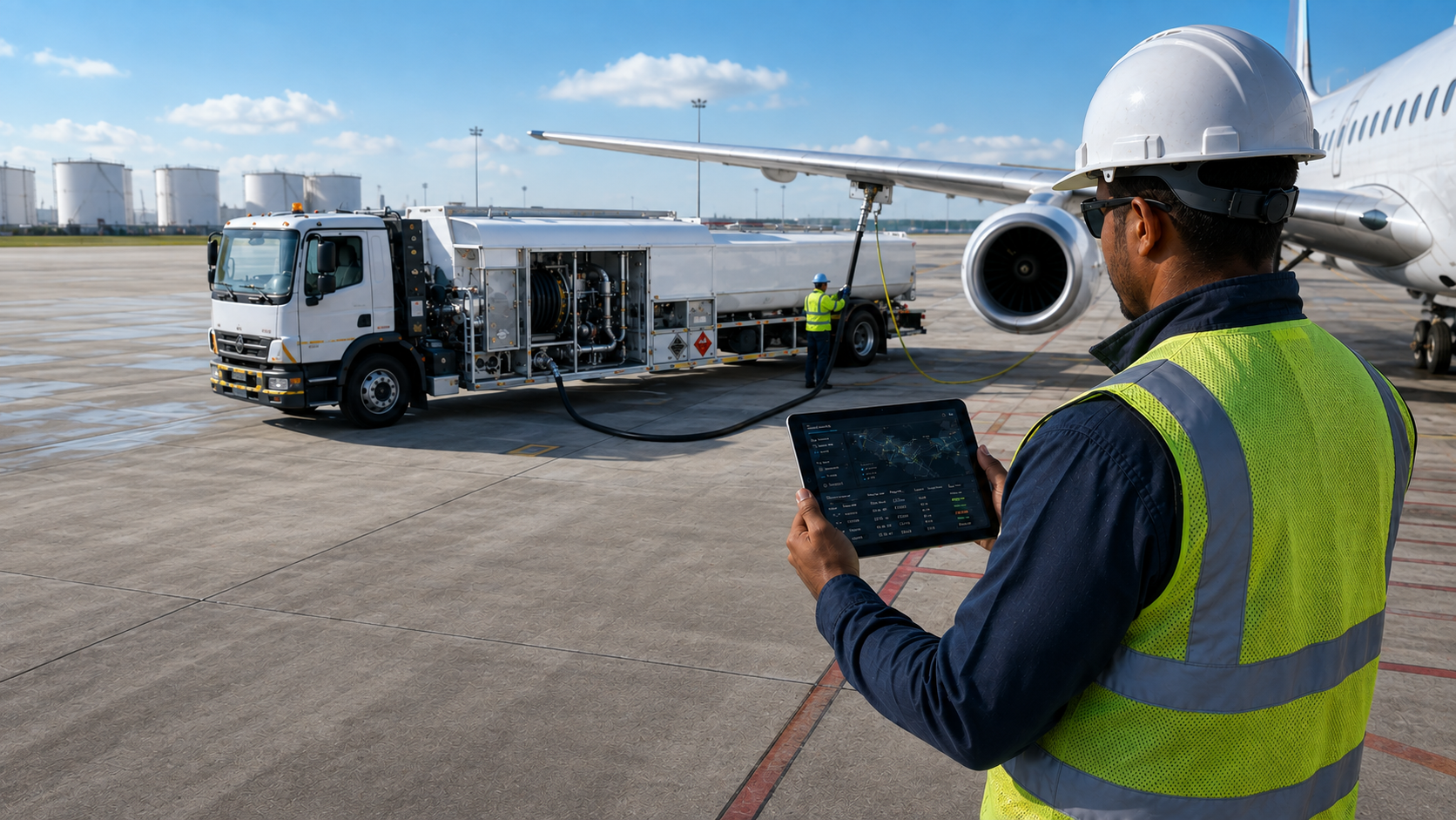 Refuelling tanker connected to an aircraft while an operator checks supply on a tablet.